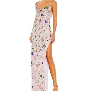 Mac DUGGAL Pink and Green Maxi Dress with high slit. Elegant, classy